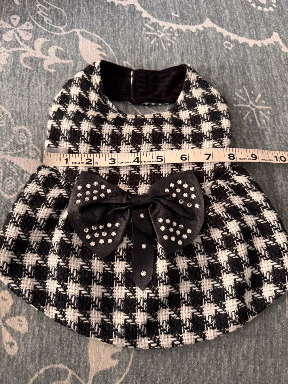 Black & White Tweed Houndstooth dog dress with Bow Accent and Curdoroy lining